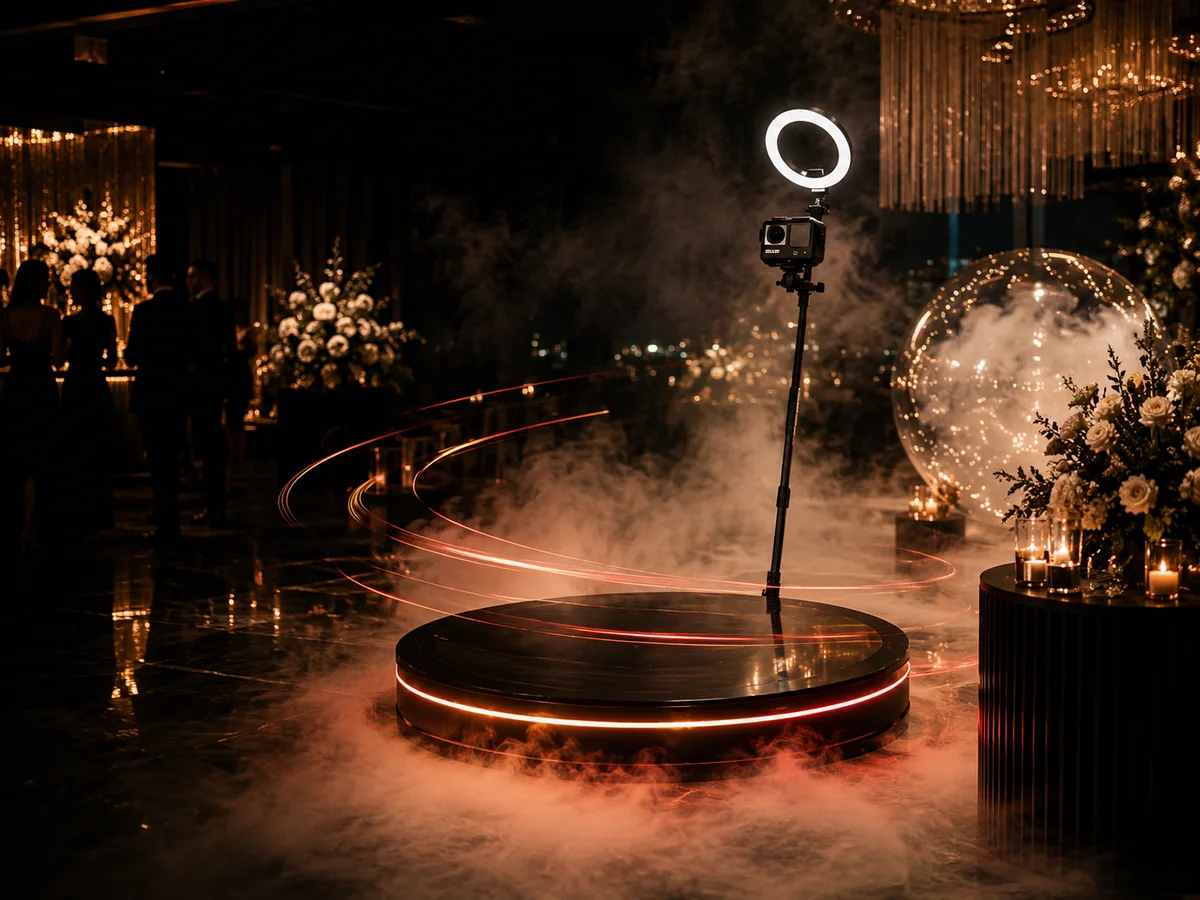 Platformă Video Booth 360 într-un decor elegant de eveniment