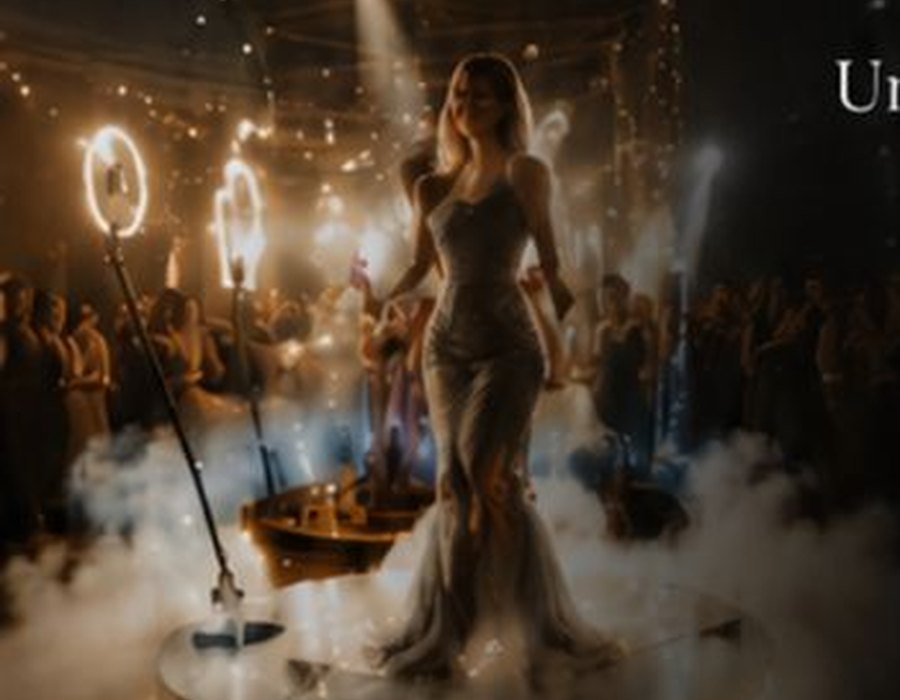 Bride on 360 video platform with cinematic lights
